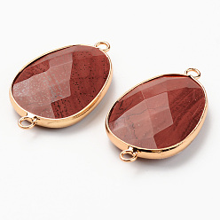 Red Jasper Natural Red Jasper Links, with Light Gold Plated Edge Brass Loops, Oval, Faceted, 38x22.5x6mm, Hole: 2mm