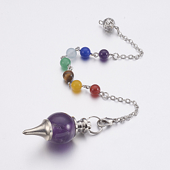 Amethyst Natural Amethyst Sphere Dowsing Pendulums, with Mixed Stone and Brass Findings, Chakra, Round, Platinum, 240~245mm
