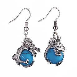 Turquoise Synthétique Boucles d'oreilles pendantes dragon turquoise synthétique, bijoux en laiton platine pour femme, 42mm, pin: 0.6 mm