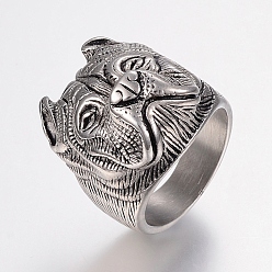Plata Antigua 304 anillos de dedo de cachorro de acero inoxidable, anillos de banda ancha, cabeza de bulldog, plata antigua, 17~22 mm
