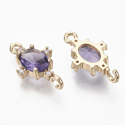 Blue Violet Glass Links connectors, with Brass Micro Pave Cubic Zirconia, Faceted, Oval, Light Gold, Blue Violet, 17.5x10x5mm, Hole: 1.2mm