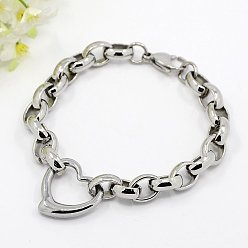 Stainless Steel Color Fashionable 304 Stainless Steel Heart Link Bracelets, Rolo Chain Bracelet with Lobster Claw Clasps, Stainless Steel Color, 8-1/4 inch~9 inch(210~230mm)