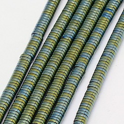 Green Plated Electroplate Non-magnetic Synthetic Hematite Beads Strands, Heishi Beads, Flat Round/Disc, Grade AAAA, Green Plated, 4x1mm, Hole: 1mm, about 350~357pcpcs/strand, 15.5 inch