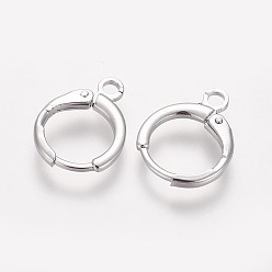 Real Platinum Plated Brass Huggie Hoop Earring Findings, with Horizontal Loops, Long-Lasting Plated, Lead Free & Nickel Free, Real Platinum Plated, 12 Gauge, 14.7x11.7x2mm, Hole: 1.8mm