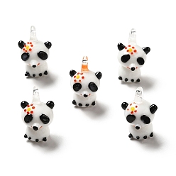 Gold Handmade Lampwork Pendants, Panda Charms with Flower, Gold, 23~24x15~16x15~18mm, Hole: 3~3.5mm