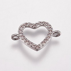 Platinum Brass Micro Pave Cubic Zirconia Links, Heart, Clear, Platinum, 10.5x16x2mm, Hole: 1.5mm