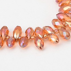 Chocolate Electroplate Glass Beads Strands, Top Drilled Beads, Faceted Teardrop, Full Rainbow Plated, Chocolate, 12x6mm, Hole: 1mm, about 100pcs/strand, 15.7 inch