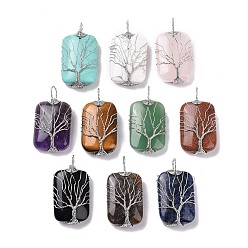 Mixed Stone Natural & Synthetic Mixed Gemstone Copper Wire Wrapped Pendants, Rectangle with Tree of Life Charms, Platinumfe, Mixed Dyed and Undyed, 46~49x25~27x10~12mm, Hole: 8x9mm