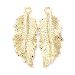 Real 24K Gold Plated Rack Plating Brass Pendants, Cadmium Free & Lead Free, Leaf Charm, Real 24K Gold Plated, 32x12.5x1mm, Hole: 2mm