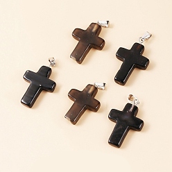 Black Agate Natural Black Agate Pendants, Religion Cross Charms with Platinum Tone Metal Snap on Bails, 25x18x4mm