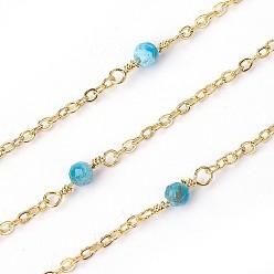 Apatite Handmade Natural Apatite Beaded Chains, Soldered, with Brass Findings, Real 18K Gold Plated, Long-Lasting Plated, with Spool, 3mm, about 32.8 Feet(10m)/roll