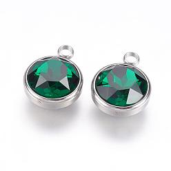 Green K9 Glass Rhinestone Pendants, May Birthstone Charms, with 304 Stainless Steel Findings, Flat Round, Green, 18x14x9mm, Hole: 2.5mm