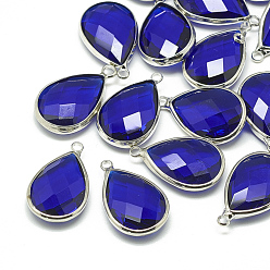 Blue Brass Glass Pendants, Faceted, teardrop, Platinum, Blue, 21.5x13.5x6mm, Hole: 2mm