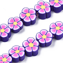 Violet Handmade Polymer Clay Bead Strands, Flower, Violet, 8~10x8~11x4~5mm, Hole: 1.6mm, about 38~40pcs/strand, 12.99 inch~14.37 inch(33~36.5cm)