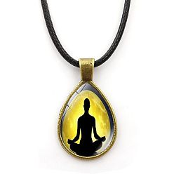 Gold Yoga Theme Alloy Teardrop Pendant Necklace with Wax Rope for Women, Gold, 16.93 inch(43cm)