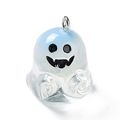 Clear Resin Pendants, Halloween Ghost Charms with Platinum Tone Iron Loops, Clear, 26x18.5x18mm, Hole: 2mm