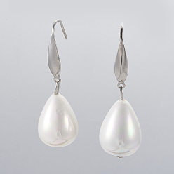 Shell Teardrop Shell Pearl Bead Dangle Earrings, with 304 Stainless Steel Finding and Brass Finding, 43mm, Pin: 0.7mm