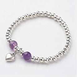 Amethyst Tibetan Style Alloy Charm Bracelets, with Natural Amethyst Beads, 2-1/4 inch(55mm)