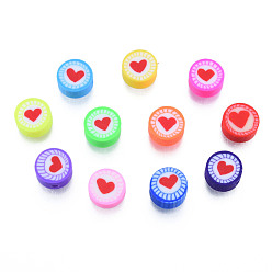 Mixed Color Handmade Polymer Clay Beads, Flat Round with Heart, Mixed Color, 9.5~10x4.5~5mm, Hole: 1.6mm