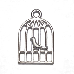 Silver Tibetan Style Alloy Pendants, Cadmium Free & Nickel Free & Lead Free, Bird in Cage, Silver, 19x12x1mm, Hole: 1.5mm