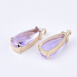 Púrpura Media Colgantes de cristal transparente, con fornituras de latón, facetados, lágrima, la luz de oro, púrpura medio, 18.5x8.5x6 mm, agujero: 1 mm