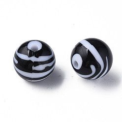 Noir Perles acryliques à rayures opaques, ronde, noir, 19mm, Trou: 3mm, environ112 pcs / 500 g
