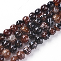 Coconut Brown Natural Striped Agate/Banded Agate Beads Strands, Dyed & Heated, Round, Coconut Brown, 4mm, Hole: 0.5mm, about 91~93pcs/strand, 14.96 inch(38cm)