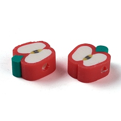 Roja Abalorios de la arcilla de polímero hechos a mano, rodaja de manzana, rojo, 9.5~11x9~10x4.5~4.7 mm, agujero: 1.6 mm