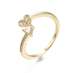 Real 18K Gold Plated Exquisite Cubic Zirconia Heart Cuff Ring, Brass Open Ring for Women, Nickel Free, Real 18K Gold Plated, US Size 7 3/4(17.9mm)