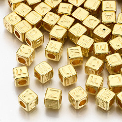Golden CCB Plastic Beads, Horizontal Hole, Cube with Letter, Golden, 7x7x7mm, Hole: 3.5mm, about 2000pcs/500g