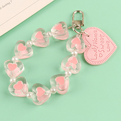 Rose Brumeux Porte-clés pendentifs en similicuir, avec des perles en résine et les accessoires en alliage, coeur avec le mot, rose brumeuse, cœur: 3x3.8 cm