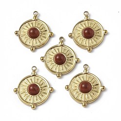 Red Jasper Vacuum Plating 201 Stainless Steel Natural Red Jasper Pendants, Real 18K Gold Plated, Flat Round Charms, 20.5x18x4mm, Hole: 1.2mm