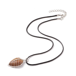 Picture Jasper Natural Picture Jasper Leaf Cage Pendant Necklace with Waxed Cords, Gemstone Jewelry for Women, 17.32 inch(44cm)