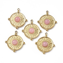 Rose Quartz Vacuum Plating 201 Stainless Steel Natural Rose Quartz Pendants, Real 18K Gold Plated, Flat Round Charms, 20.5x18x4mm, Hole: 1.2mm
