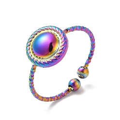 Rainbow Color Ion Plating(IP) 304 Stainless Steel Flat Round Open Cuff Ring for Women, Rainbow Color, US Size 7 3/4(17.9mm)