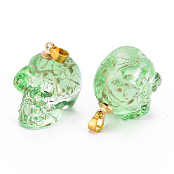 Pale Green Electroplate K9 Glass Pendants, with Golden Plated Brass Bails, Drawbench, Skull, Halloween, Pale Green, 25x26~27x19mm, Hole: 5x3mm