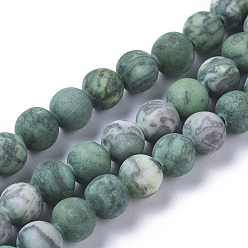 Map Stone Natural China Silver Leaf Jasper Beads Strands, Dyed & Heated, Frosted, Round, Green, 6.5mm, Hole: 0.5mm, about 58pcs/strand, 14.96 inch(38cm)