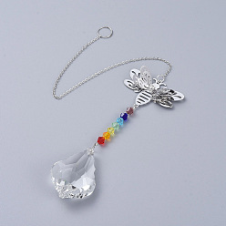 Platinum Chandelier Suncatchers Prisms, Chakra Crystal Maple Leaf Hanging Pendant, with Bee Iron Links and Cable Chain, Faceted, Platinum, 355x2mm
