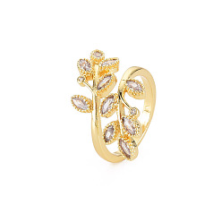 Clear Cubic Zirconia Leaf Open Cuff Ring, Real 18K Gold Plated Brass Jewelry for Women, Cadmium Free & Lead Free, Clear, US Size 5 1/2(16.1mm)