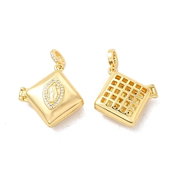 Real 18K Gold Plated Eco-Friendly Rack Plating Brass Micro Pave Clear Cubic Zirconia Locket Pendants, Long-Lasting Plated, Lead Free & Cadmium Free, Rhombus with Saint, Real 18K Gold Plated, 27x26x10mm, Hole: 2mm, Inner Diameter: 18x18mm