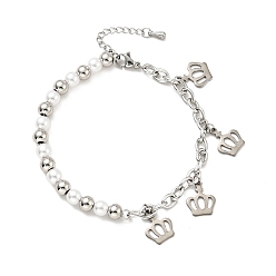 Stainless Steel Color 201 Stainless Steel Crown Charm Bracelet, Plastic Pearl Beaded Bracelet with 304 Stainless Steel Cable Chains for Women, Stainless Steel Color, 7-1/2 inch(19cm)