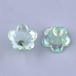 Aigue-marine Transparentes bouchons acrylique de perles, perles de fleur de trompette, couleur ab , 5 pétales, fleur, aigue-marine, 10x14x13.5mm, trou: 1.6 mm, environ 1370 pcs / 500 g