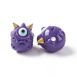 Indigo Halloween Opaque Resin Beads, with Golden Tone Alloy Horns, Single-Eye Monster, Indigo, 13x10.5x12mm, Hole: 1.8mm