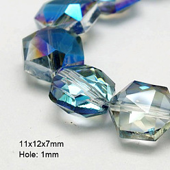 Blue Electroplate Glass Beads, Half Plated, Faceted, Hexagon, Blue, 11x12x7mm, Hole: 1mm