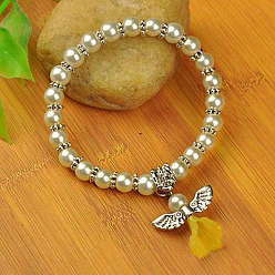 Creamy White Lovely Wedding Dress Angel Bracelets for Kids, Carnival Stretch Bracelets, with Glass Pearl Beads and Tibetan Style Beads, Creamy White, 45mm