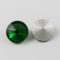 Green Glass Pointed Back Rhinestone, Rivoli Rhinestone, Back Plated, Cone, Green, 12x6mm