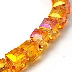 Dark Orange Electorplated Glass Beads, Rainbow Plated, Faceted, Cube, Dark Orange, 10~11x10~11x10~11mm, Hole: 1mm