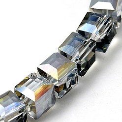 Gris Clair Perles en verre electroplate, arc-en-ciel plaqué, facette, cube, gris clair, 9x9x9mm, Trou: 1mm