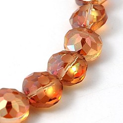 Coral Electorplated Glass Beads, Rainbow Plated, Faceted, Flat Round, Coral, 14x9mm, Hole: 1mm
