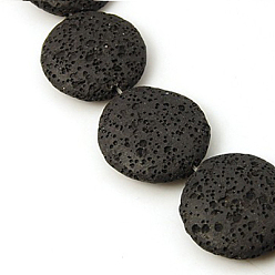 Noir Brins de perles de pierre de lave naturelle, teint, plat rond, noir, 21x6mm, Trou: 1mm